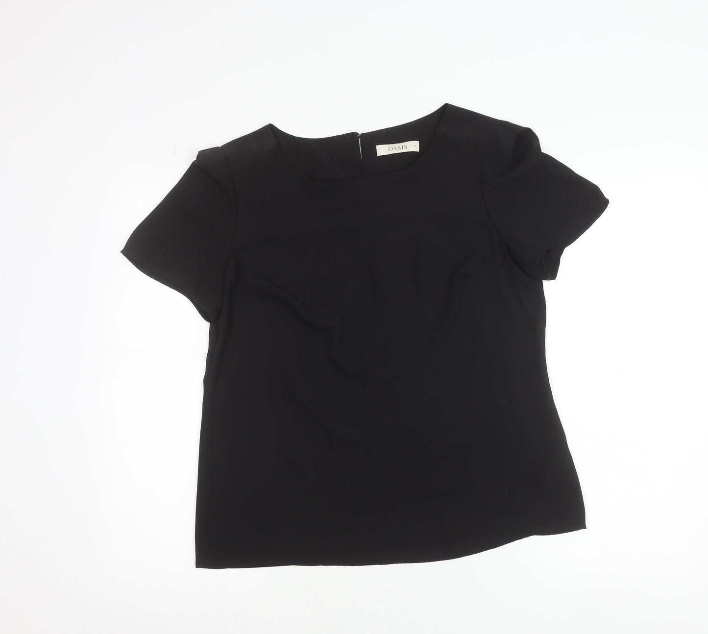 Oasis Women's Black Short Sleeve Blouse UK 12 Round Neck Top