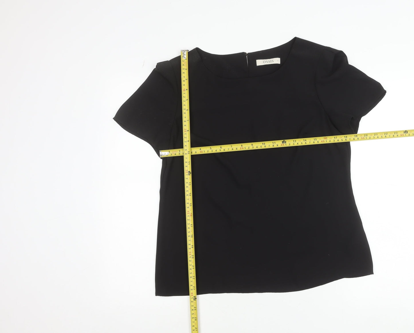 Oasis Women's Black Short Sleeve Blouse UK 12 Round Neck Top