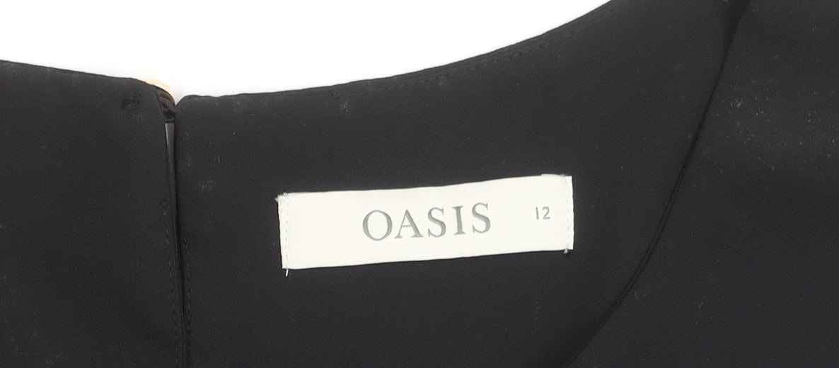 Oasis Women's Black Short Sleeve Blouse UK 12 Round Neck Top