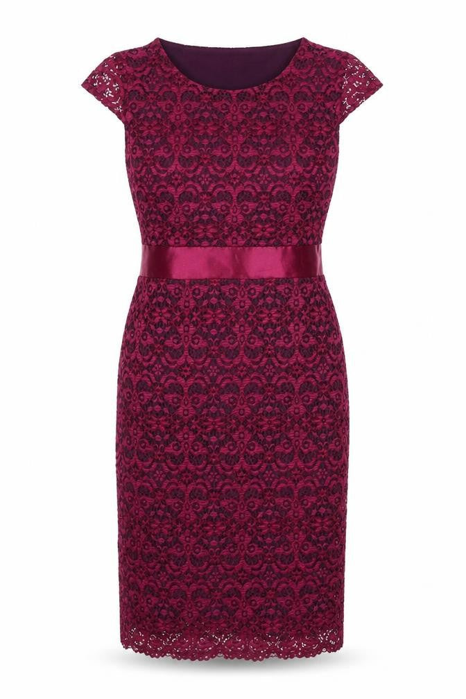 Front view of Joe Browns Women’s Purple Lace Sheath Dress, size UK 10, Knee Length