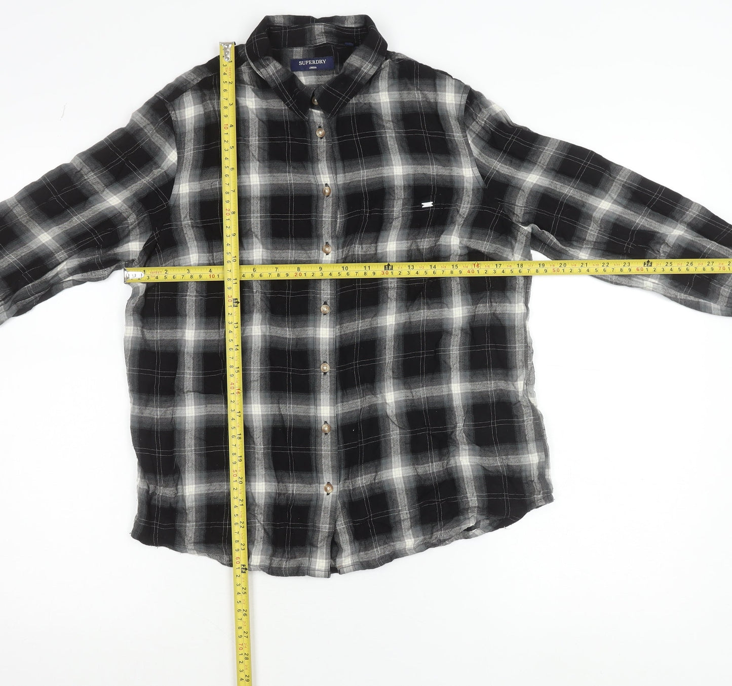 Superdry Women Black Check Long Sleeve Button-Up Shirt Size 12
