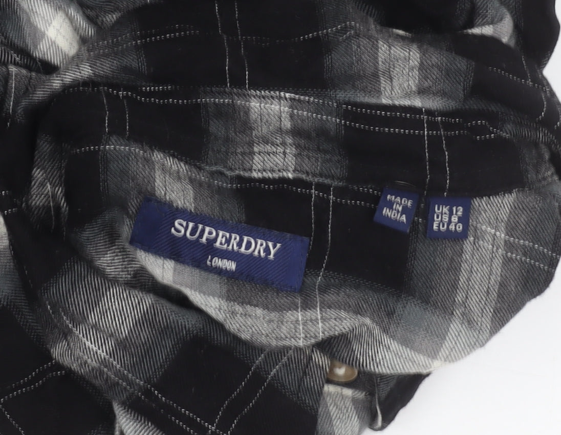 Superdry Women Black Check Long Sleeve Button-Up Shirt Size 12