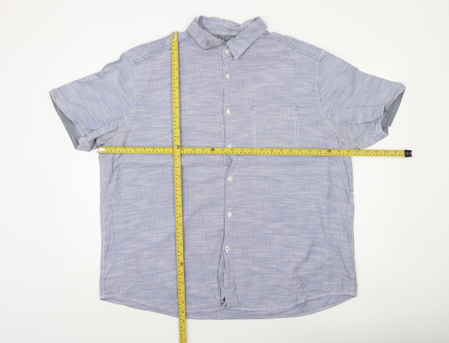 Marks and Spencer Men’s Blue 2XL Short Sleeve Striped Cotton Button-Up Shirt