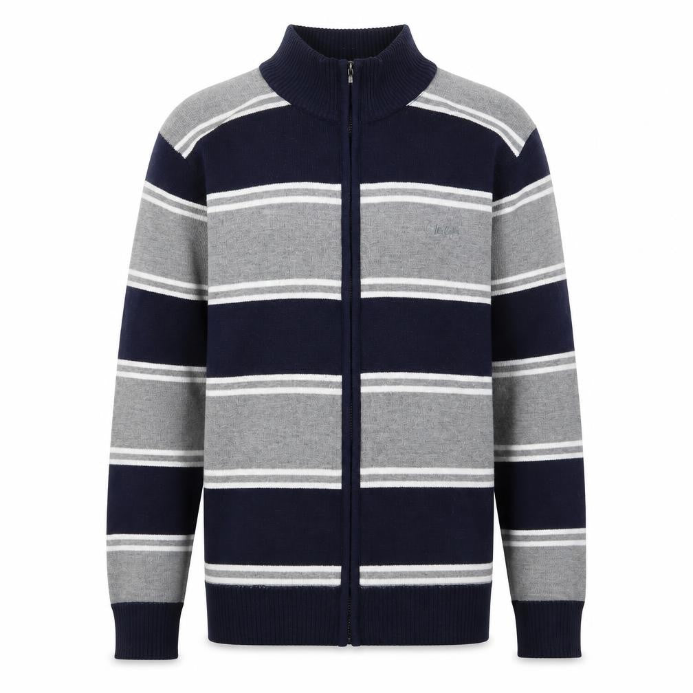 Front view of Lee Cooper Men's Grey Navy Striped Full Zip Jumper, size M