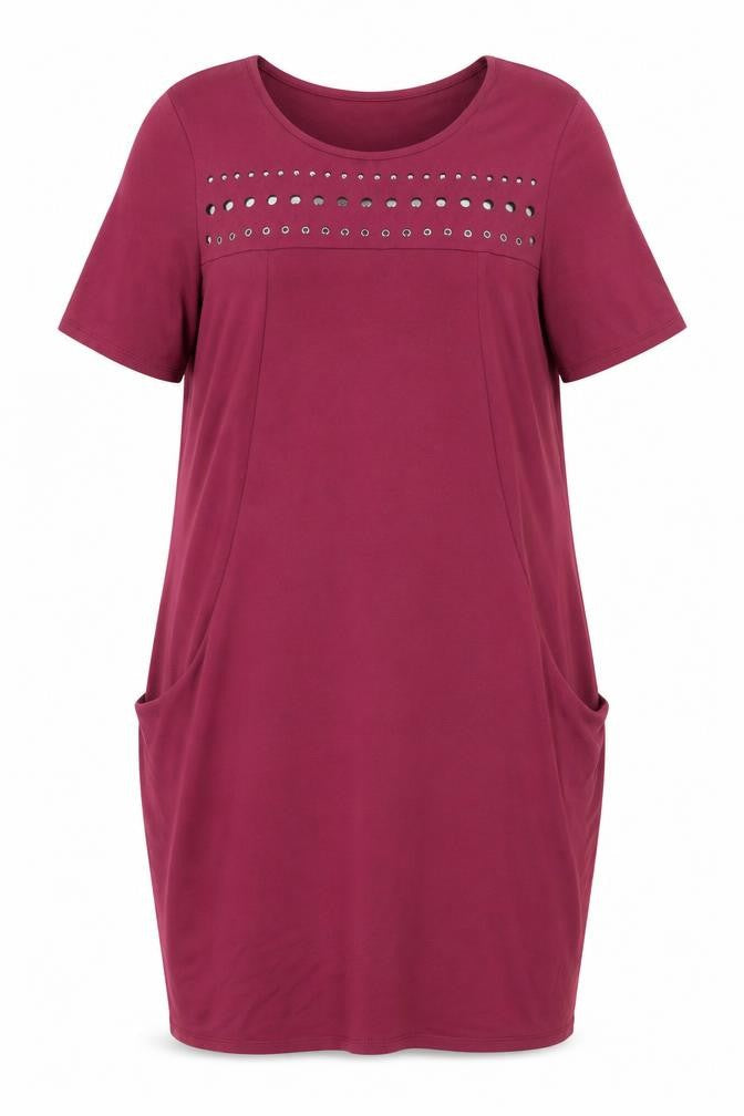 Front view of Roman Women’s Purple Studded Shift Dress, size UK 14, Short Sleeve Knee Length