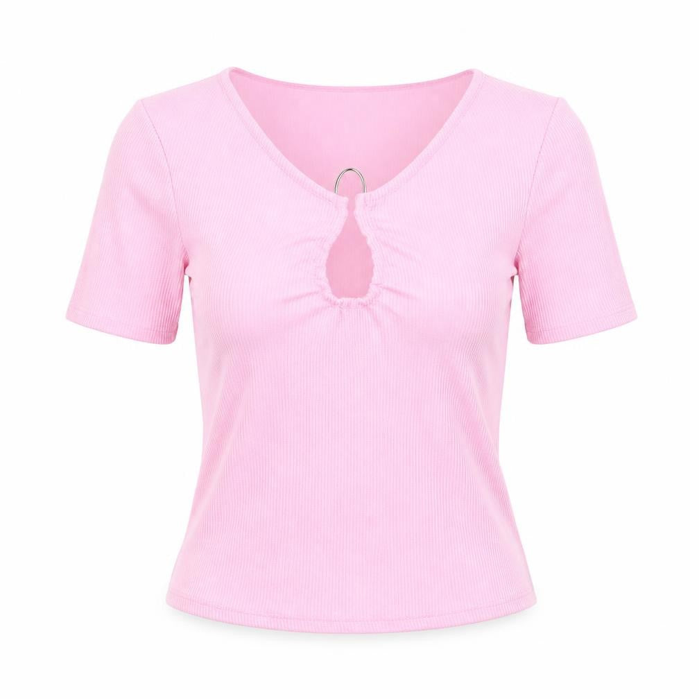 Savida Women’s Pink V-Neck Keyhole Short Sleeve Fitted T-Shirt Size 10