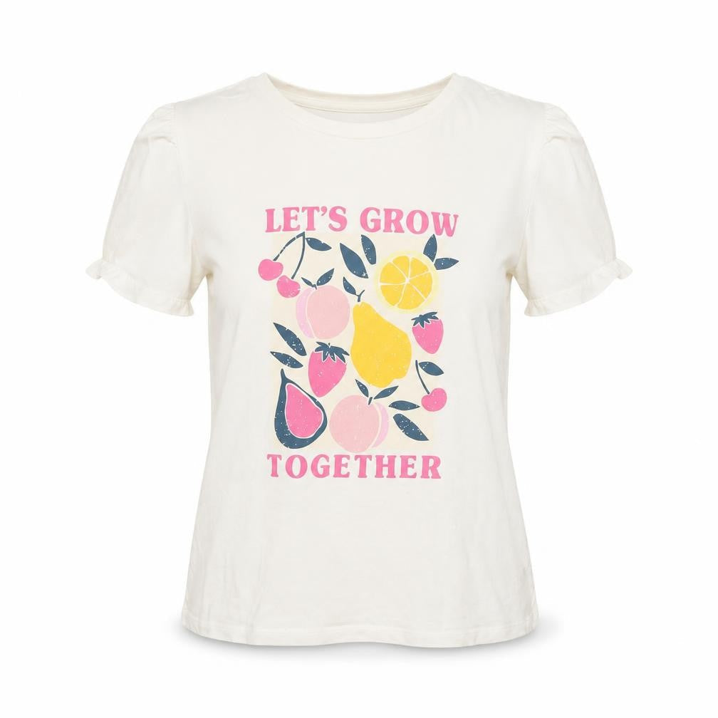 Front view of Dunnes women’s white fruit print crew neck cotton t-shirt, size UK 12