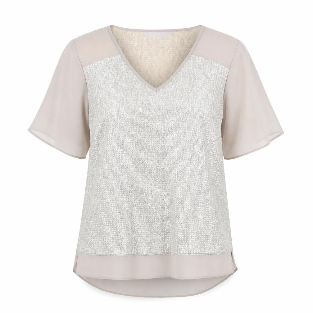 Front view of Dunnes Women Beige V-Neck Short Sleeve Chiffon Blouse, size 12