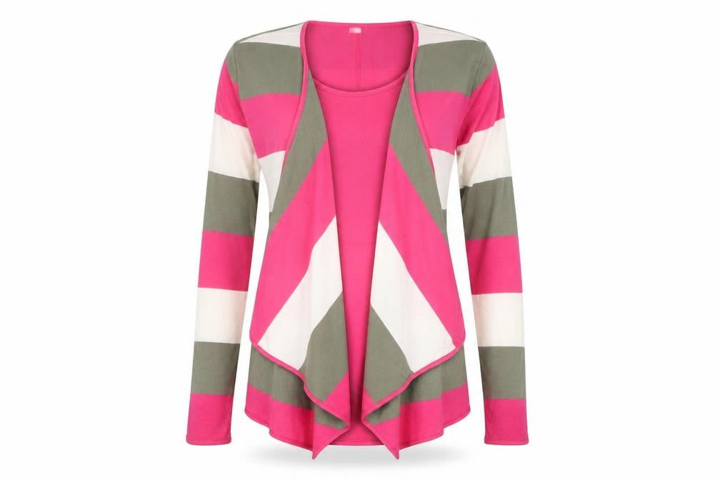Paco Collection Women’s Pink Striped Long Sleeve Open Cardigan L