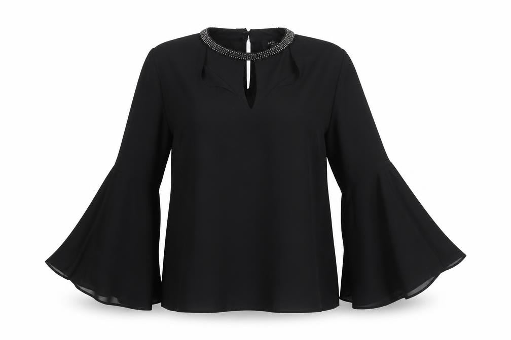 New Look Petite Black Beaded High Neck Bell Sleeve Blouse UK 12