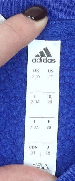 Adidas Boys Blue Pullover Sweatshirt 2-3 Years Fleece Cotton Logo Top