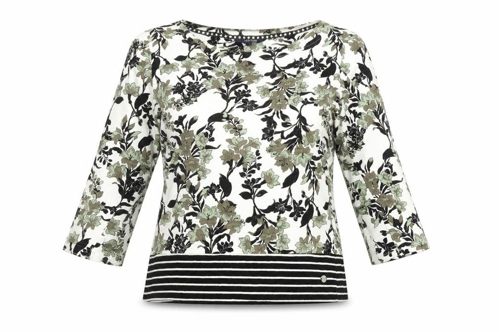 Front view of Maine New England women’s multicoloured floral cotton 3/4 sleeve t-shirt, size UK 14