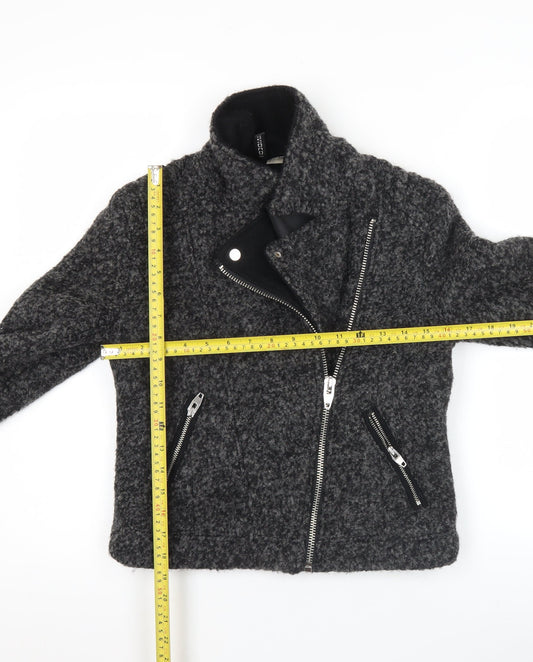 H&M Divided Women's Grey Wool Biker Jacket Size 8 Cropped Zip Style