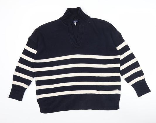 Joules Women's Blue Striped Cotton V-Neck Jumper Size 14