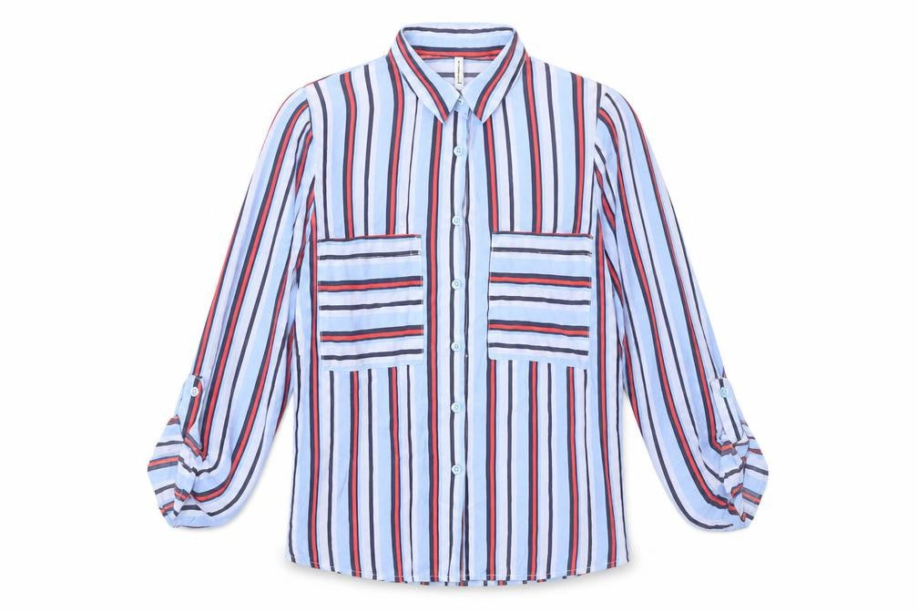 Stradivarius Women's Blue Striped Button-Up Shirt Size 8