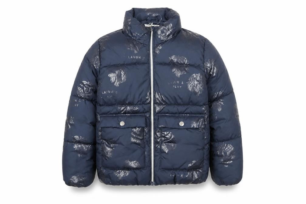 Front view of H&M girls’ blue puffer jacket 8-9 years polyester quilted winter coat