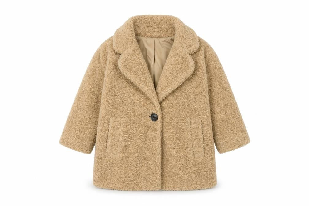 Front view of Next girls’ beige teddy fleece mid-length coat 3 years lined winter jacket