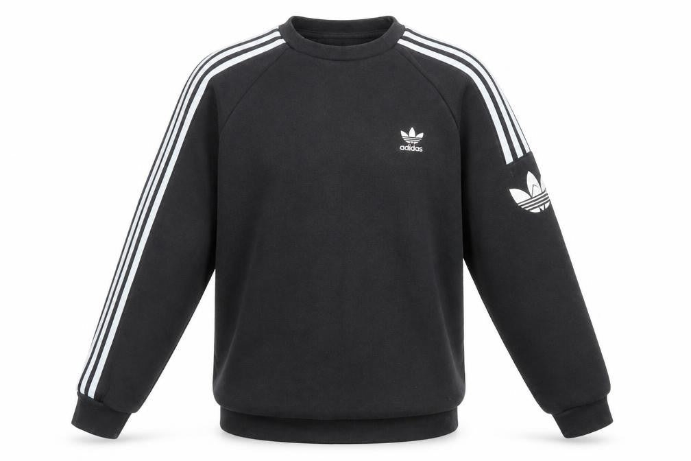 Front view of Adidas men’s black small pullover sweatshirt crew neck fleece logo