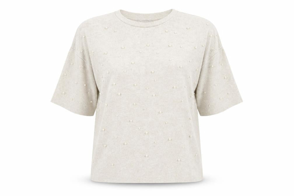 Zara Women Beige Beaded Knit Short Sleeve T-Shirt M