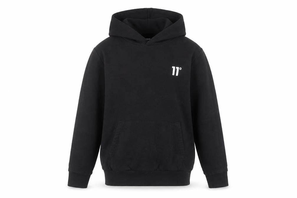 Front view of 11 Degrees boys’ black pullover hoodie 12-13 years cotton blend