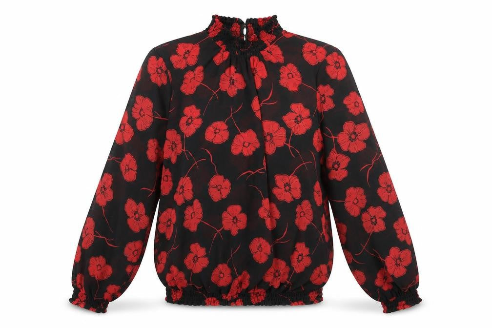 Pieces Womens Black Red Floral High Neck Chiffon Tunic Blouse M