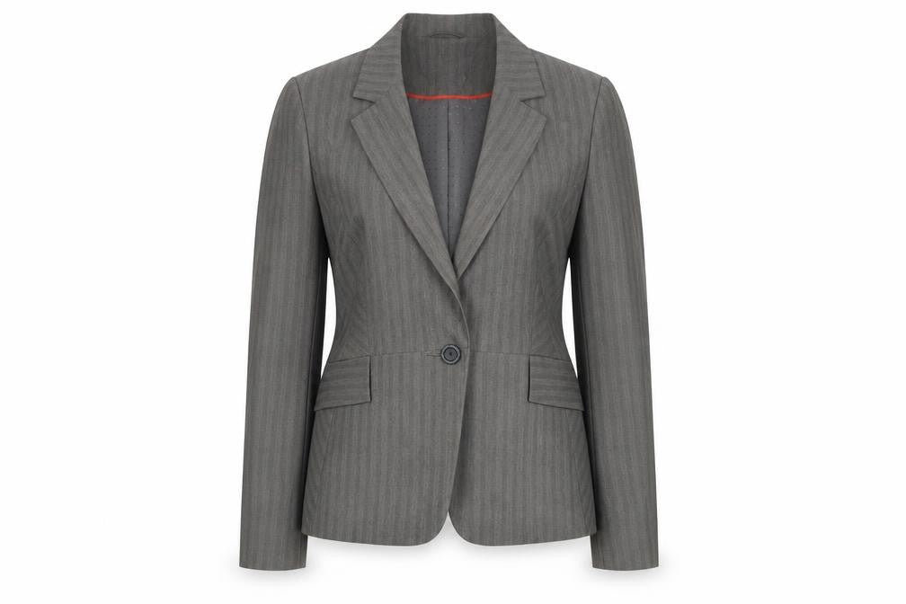 Front view of Dunnes Women Grey Pinstripe Single-Breasted Blazer, size 14, Medium