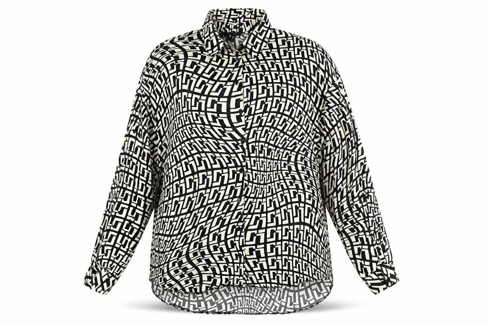 New Look Women's Black Geometric Button-Up Shirt UK 12 Long Sleeve Viscose