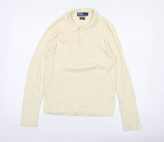 Polo Ralph Lauren Women's Ivory Collared Henley Jumper M Cotton Silk Cashmere