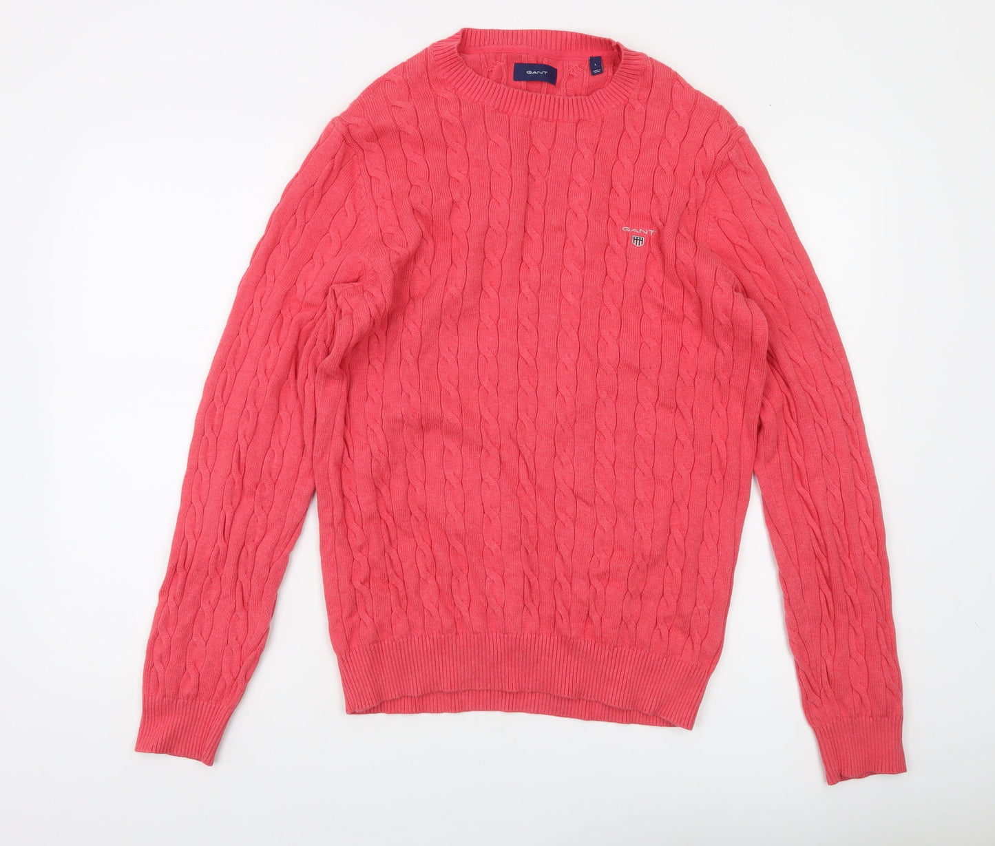 GANT Men's Pink Cable Knit Cotton Crew Neck Jumper Size L