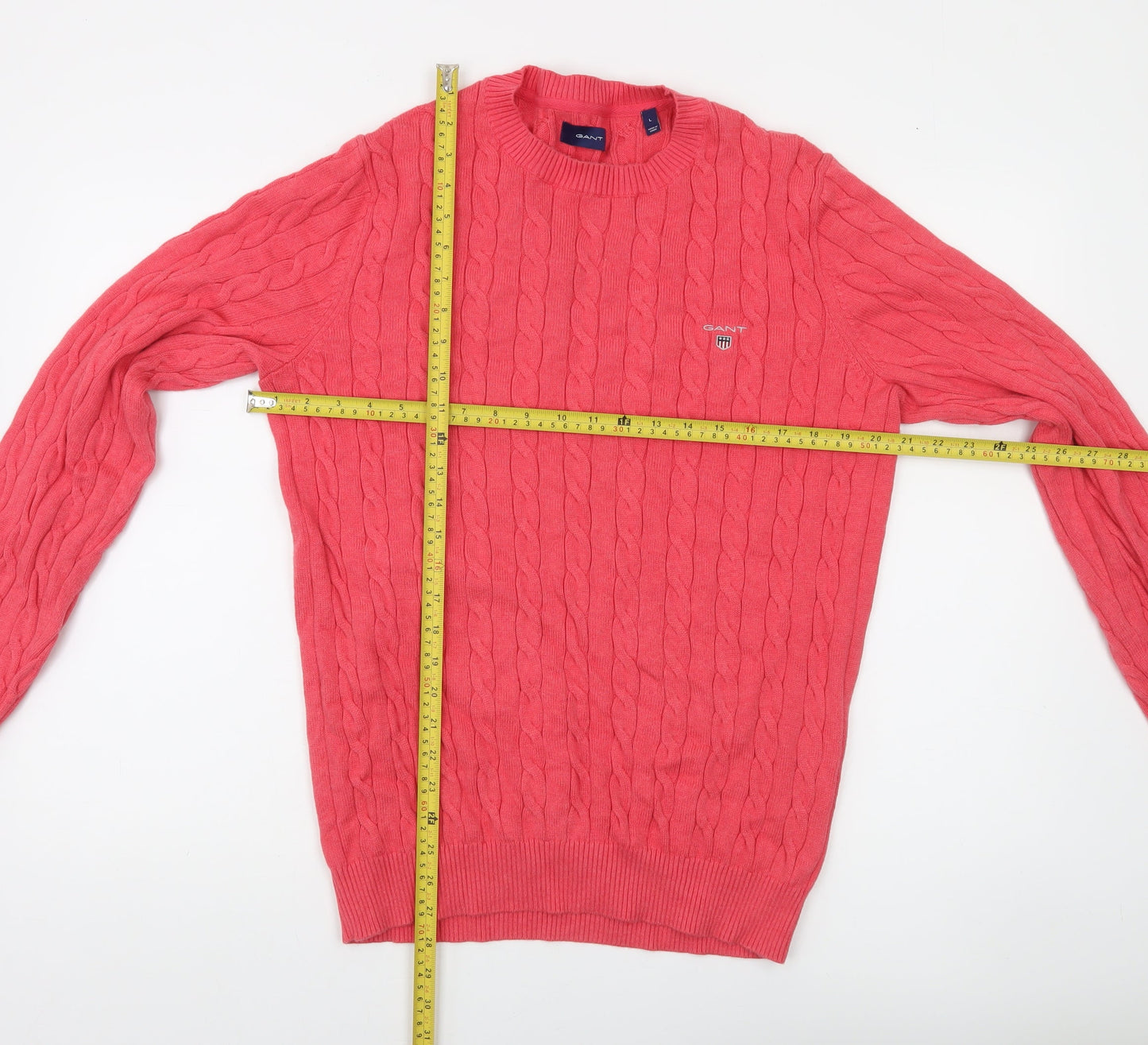 GANT Men's Pink Cable Knit Cotton Crew Neck Jumper Size L