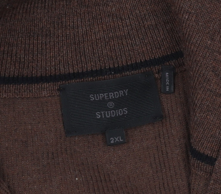 Superdry Men’s Brown 2XL Half Zip Wool Jumper High Neck Knitwear