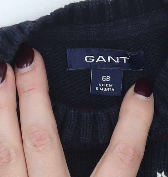 Gant Unisex Baby Navy Blue Reindeer Knit Jumper 3-6 Months Christmas Pullover