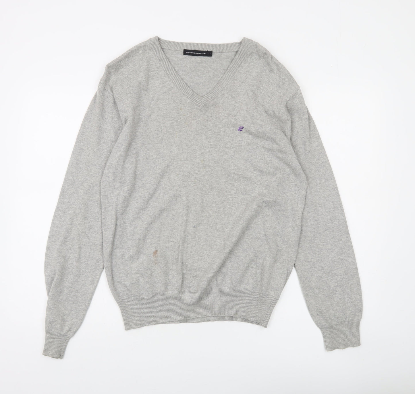 French Connection Men's Grey Cotton V-Neck Jumper Size M