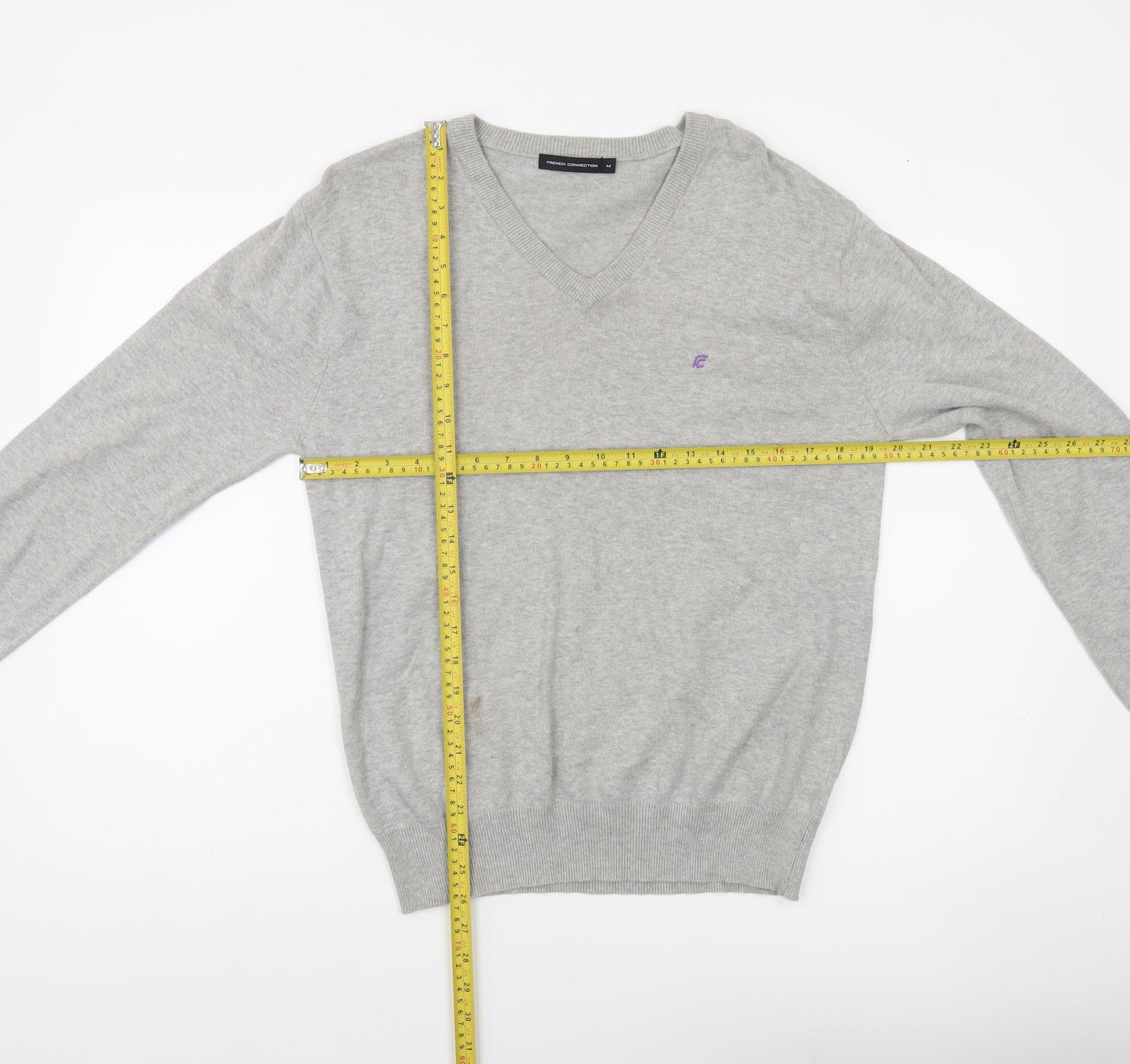 French Connection Men's Grey Cotton V-Neck Jumper Size M