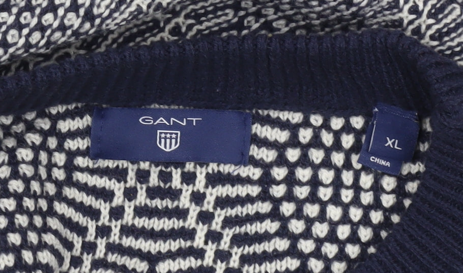 GANT Women's Blue Geometric Knit Crew Neck Jumper Size XL