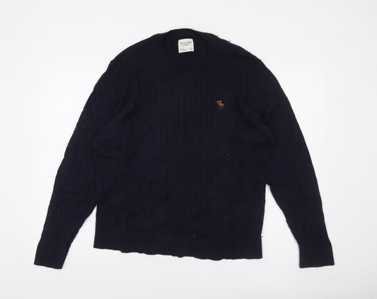 Abercrombie & Fitch Men's Blue Cable-Knit Crew Jumper Size L