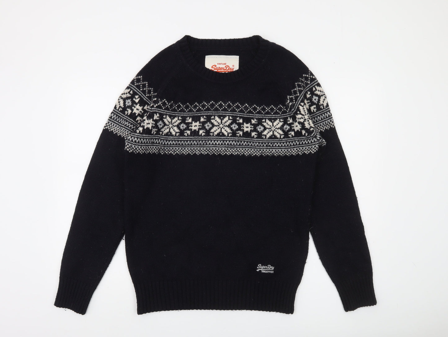 Superdry Men's Black Fair Isle Knit L Crew Neck Winter Jumper