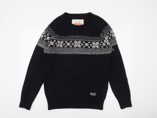 Superdry Men's Black Fair Isle Knit L Crew Neck Winter Jumper