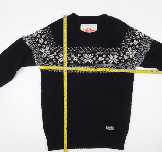 Superdry Men's Black Fair Isle Knit L Crew Neck Winter Jumper