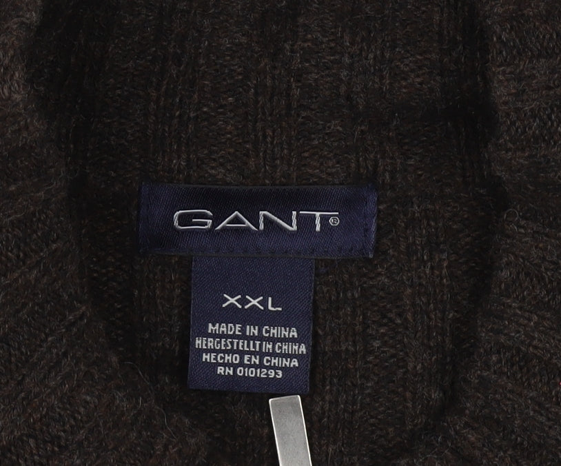 GANT Men's Brown Lambswool Full Zip Mock Neck Jumper XXL