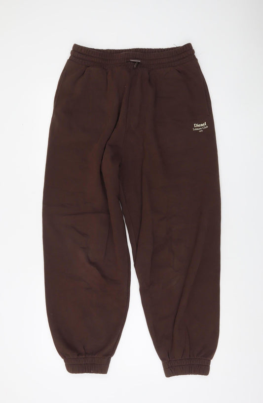 Diesel Women Brown Fleece Sweatpants L Logo Elastic Waist