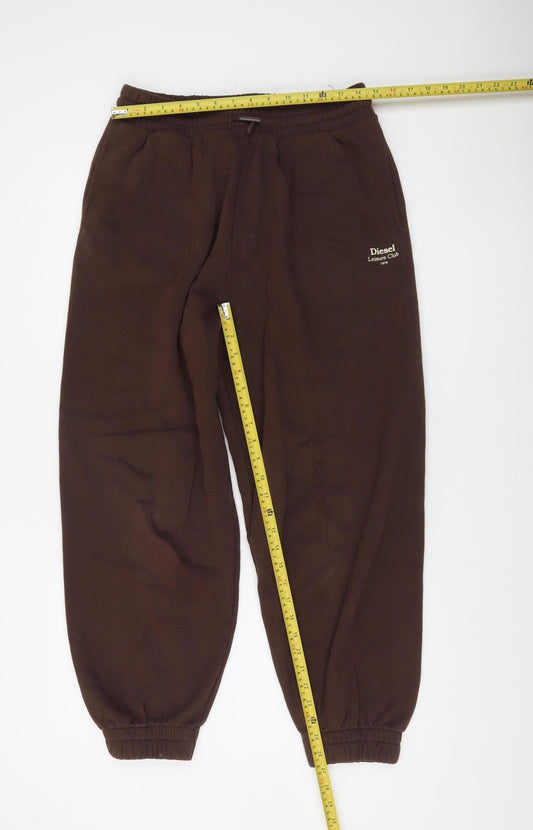 Diesel Women Brown Fleece Sweatpants L Logo Elastic Waist