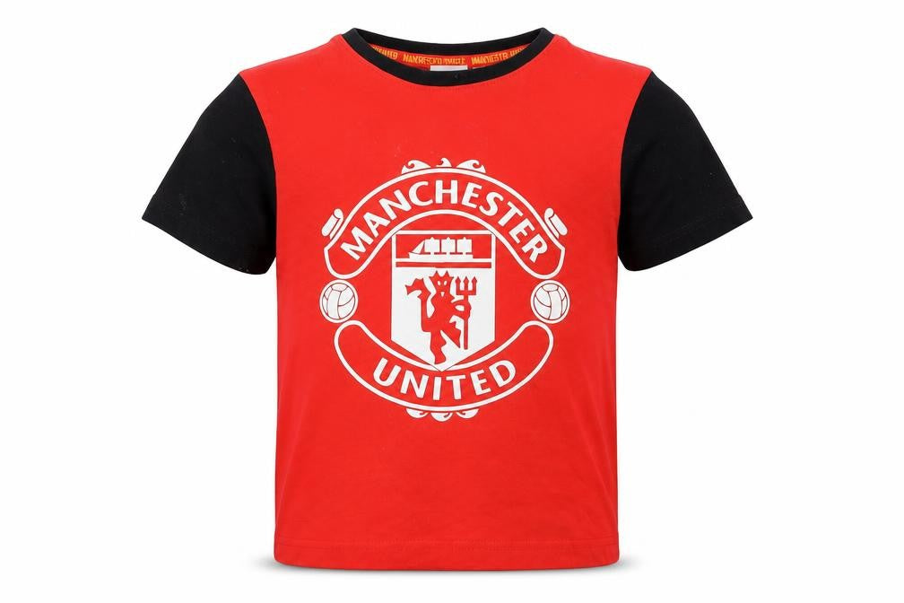 Front view of Manchester United boys’ red & black t-shirt 6-7 years official football top