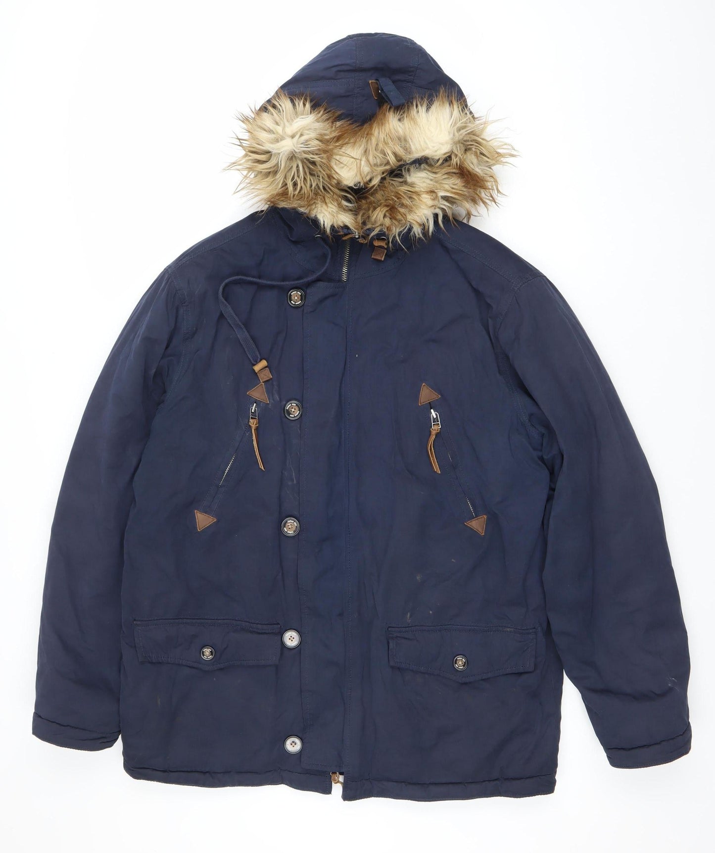 Farah Women Blue L Hooded Parka Jacket with Faux Fur Trim