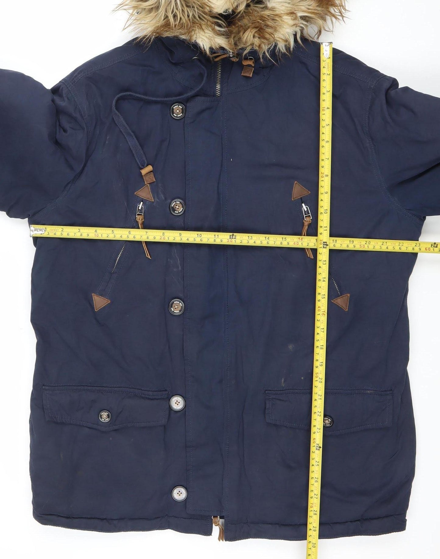 Farah Women Blue L Hooded Parka Jacket with Faux Fur Trim