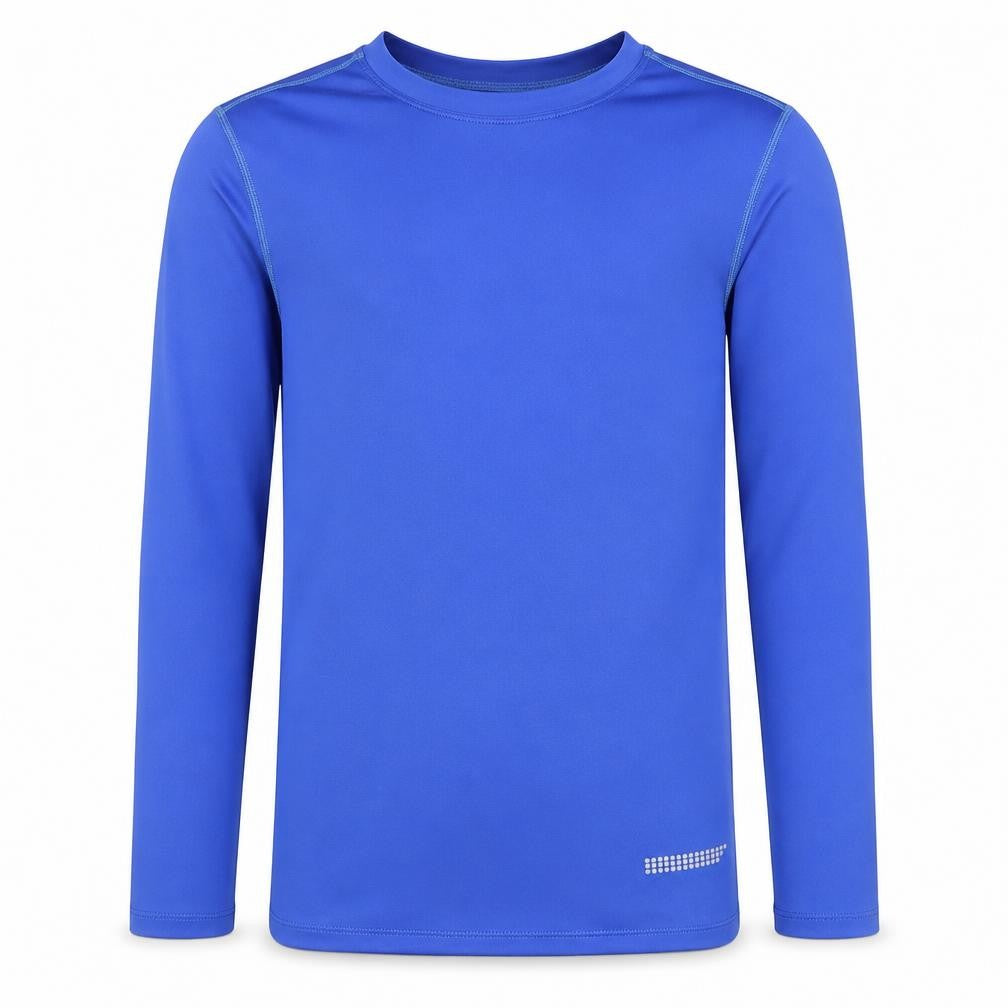 Front view of XLR8 boys’ blue long sleeve athletic t-shirt 10-11 years lightweight sports top