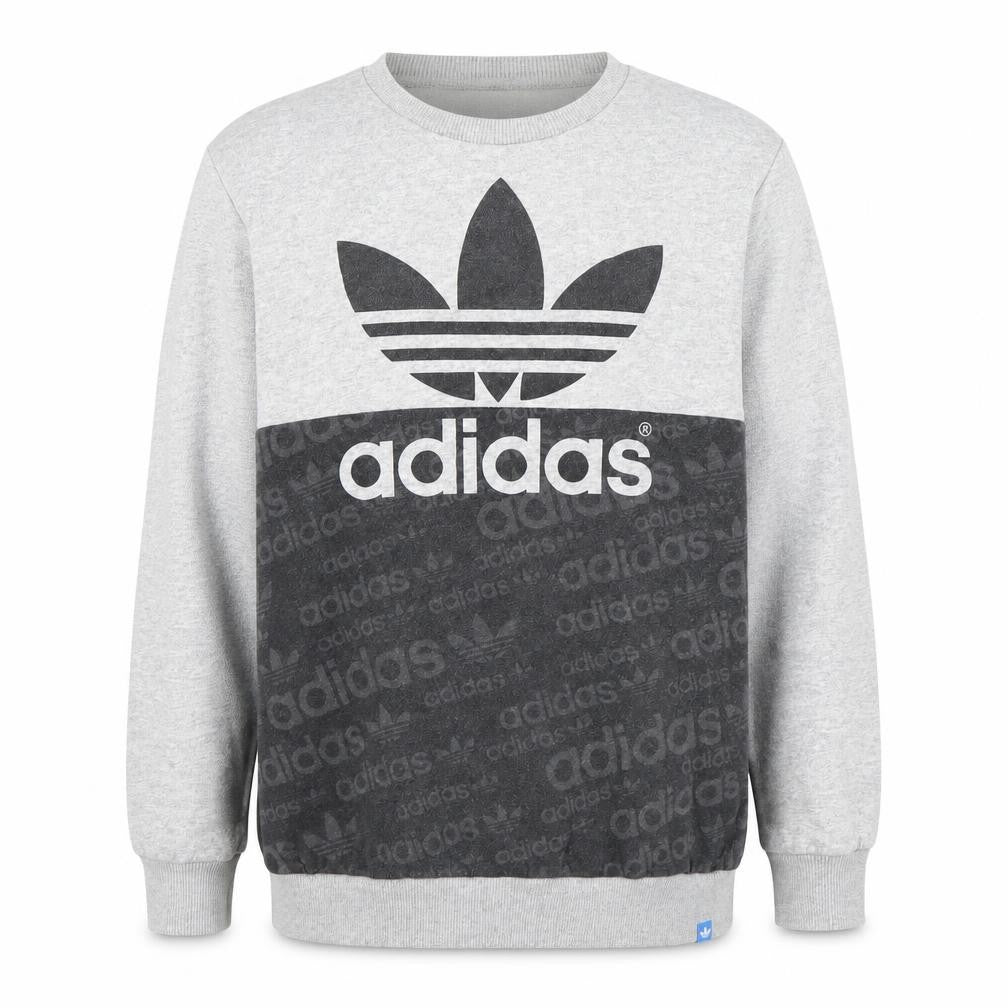 Front view of Adidas men’s grey crew neck sweatshirt m logo cotton blend pullover