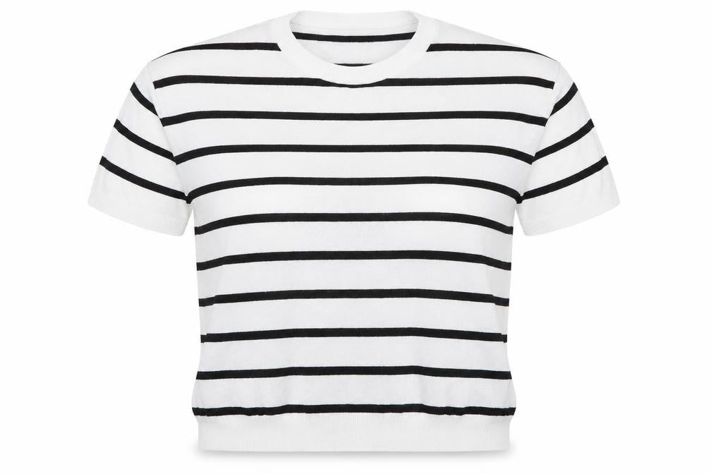 Front view of Dunnes Women’s White Striped Knit Short Sleeve Top, size UK 12