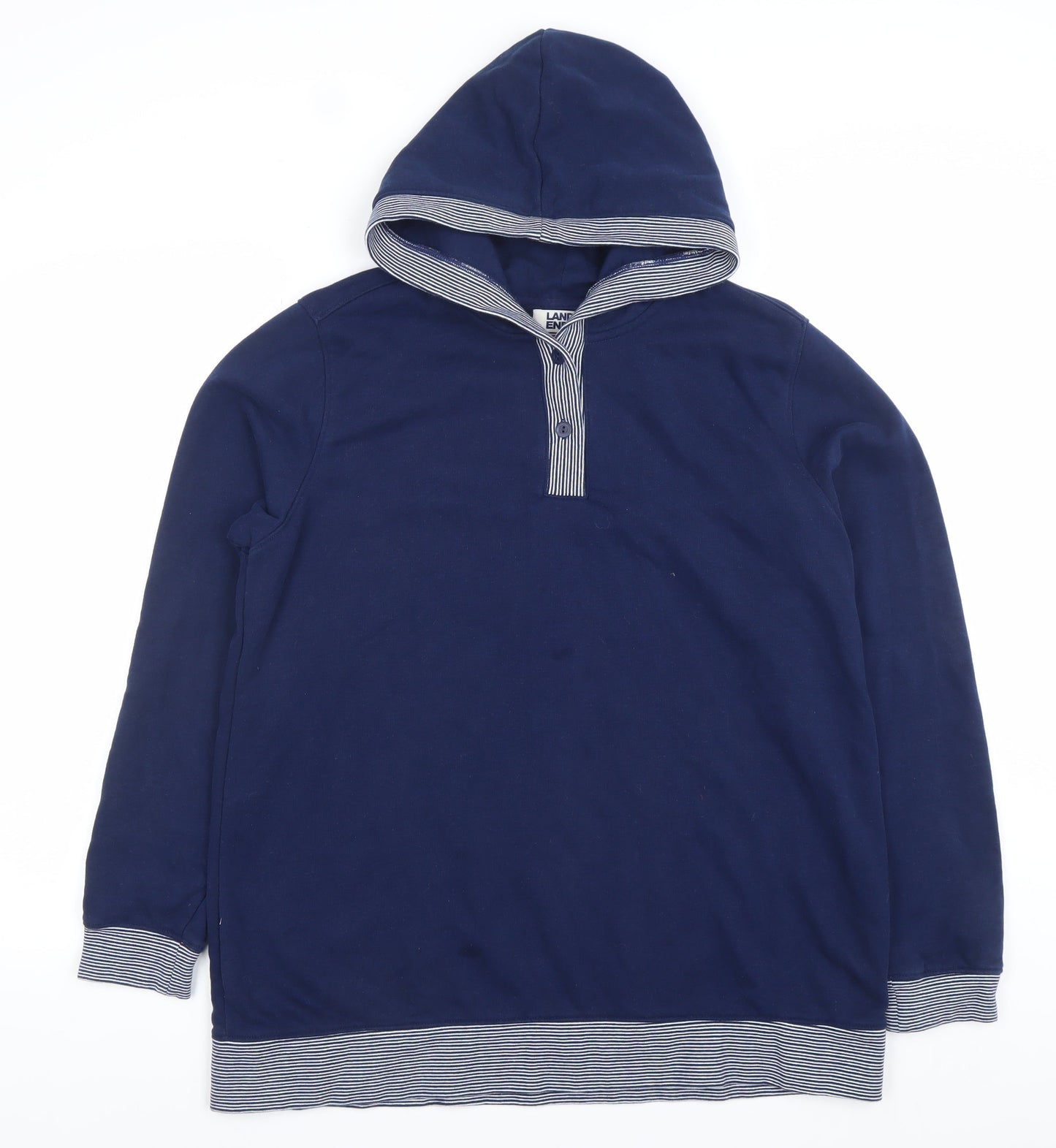 Lands' End Women Navy Henley Hoodie Sweatshirt Size L Cotton Blend