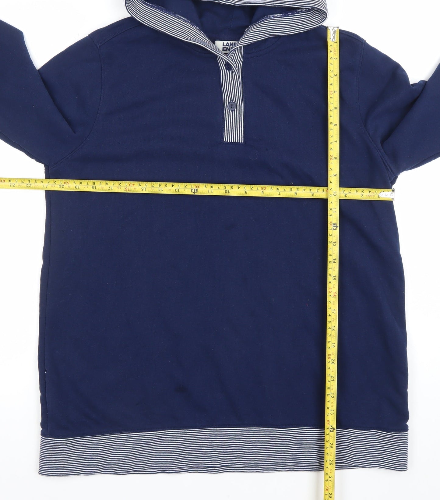 Lands' End Women Navy Henley Hoodie Sweatshirt Size L Cotton Blend